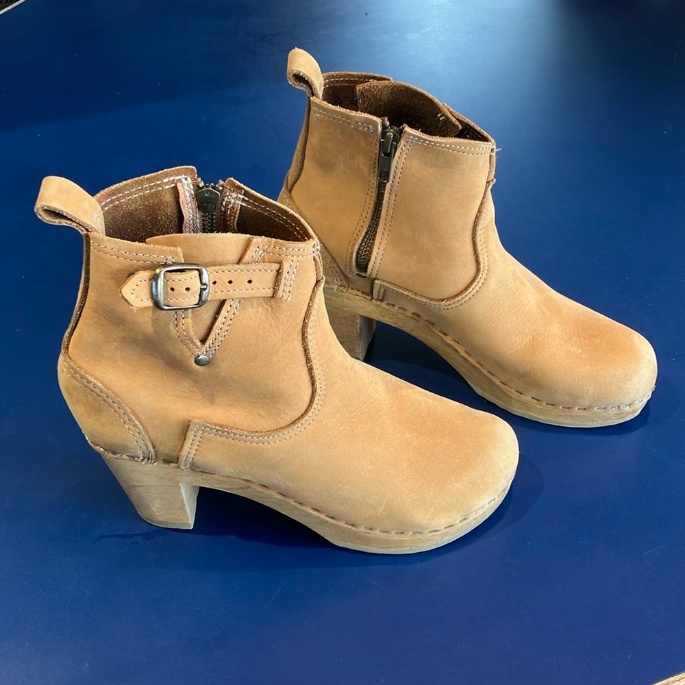 No. 6 Clog Buckle Boot on High Heel in Copper Suede Size 38/7.5